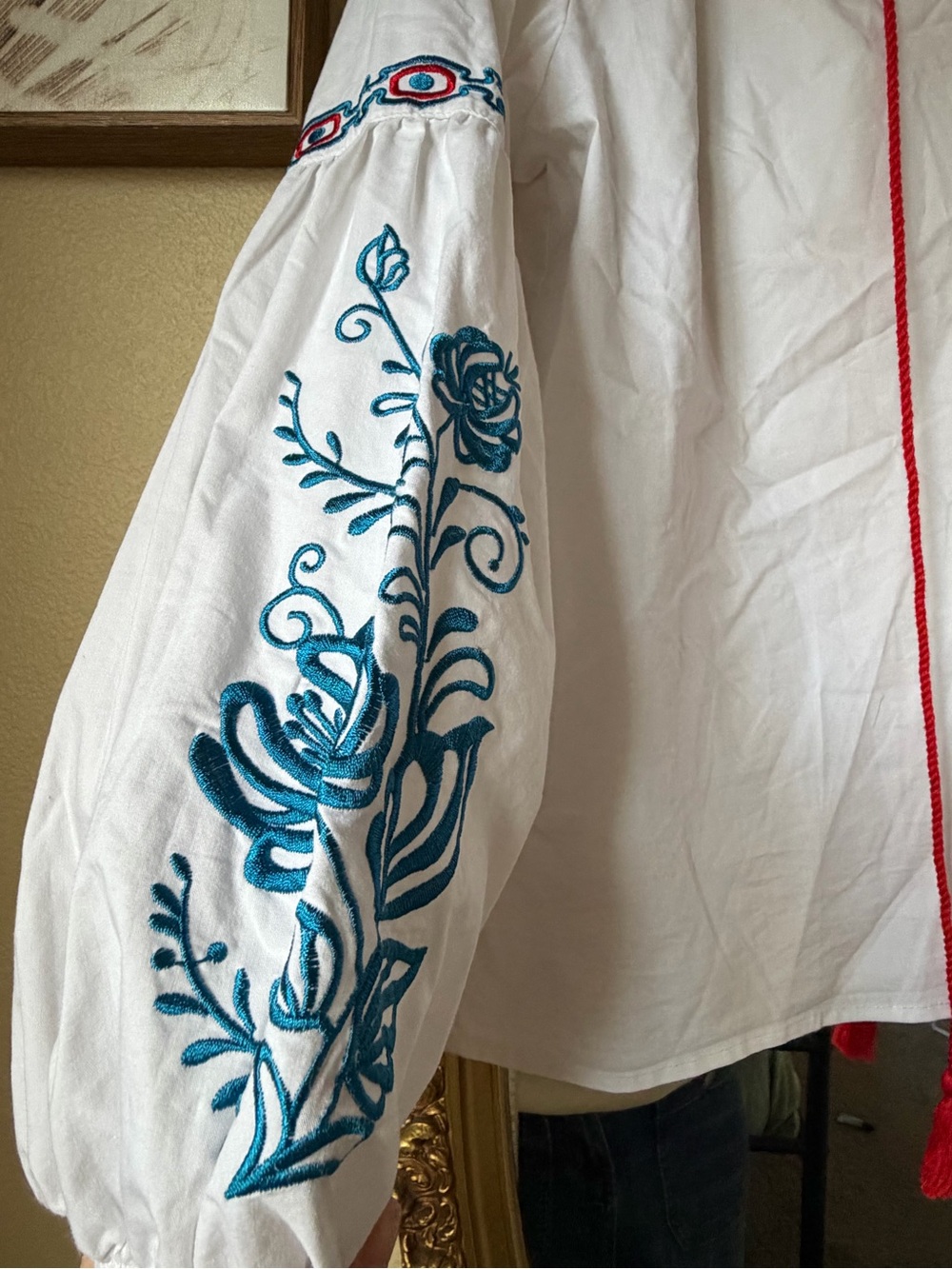 Marc New York White Peasant Blouse with Red Ties and Blue Embroidery - Picture 2 of 5